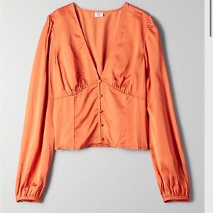 Sunday Best Orange Satin Button-Front Long-Sleeve Blouse